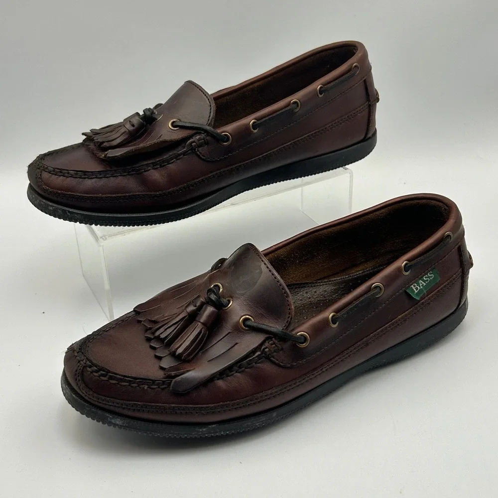 Bass Flint Loafers Mens 10 M Brown Leather Kiltie Tassel Preppy Dark Academia